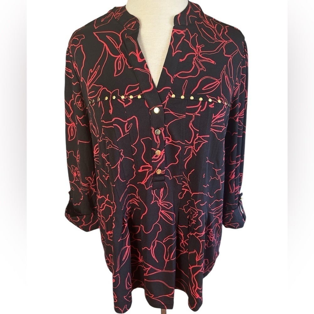 COCOMO 3X Black Red Plus Size 3/4 sleeve women’s Pintuck Blouse tu…